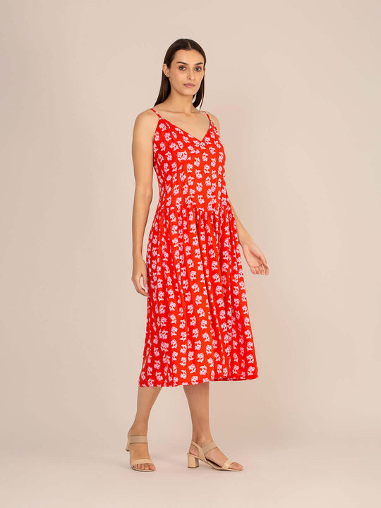 Rayon Printed Fit & Flare V Neck Shoulder Strap Maxi Dress
