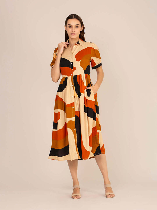 Rayon Printed Puff Sleeve A Line Shirt Dress