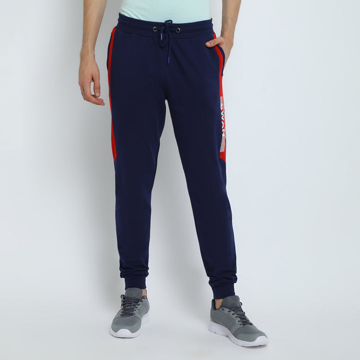 MENS PREMIUM COTTON COLOURBLOCKED PRINTED TRACK PANTS