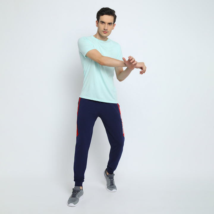 MENS PREMIUM COTTON COLOURBLOCKED PRINTED TRACK PANTS