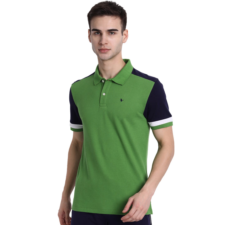 Premium Green & Navy Cotton Striped Half Sleeve Polo