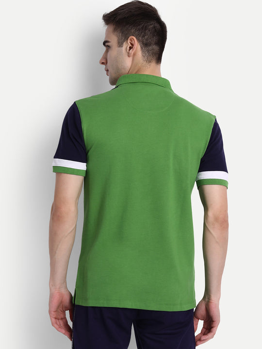 Premium Green & Navy Cotton Striped Half Sleeve Polo