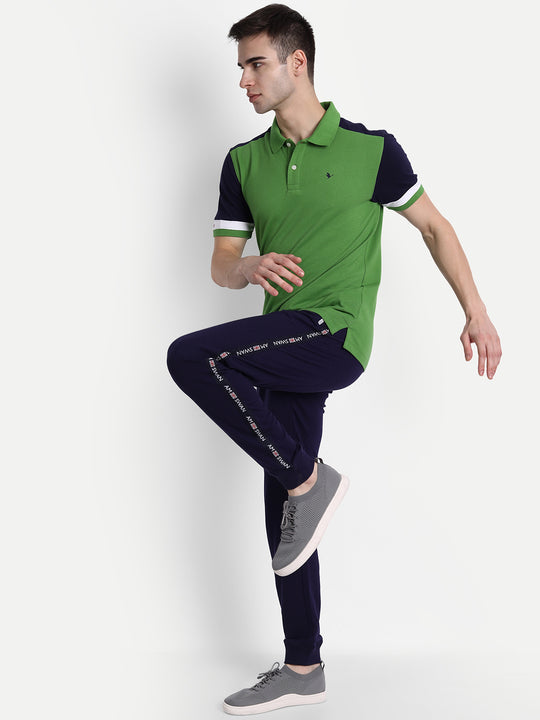 Premium Green & Navy Cotton Striped Half Sleeve Polo