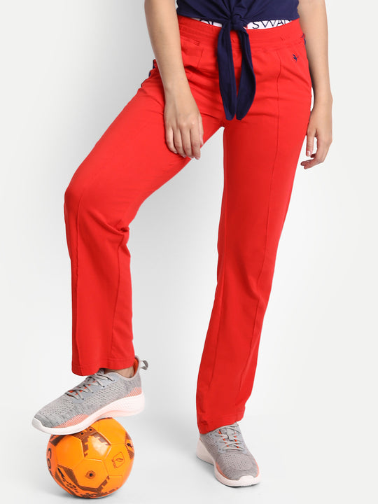 Womens Premium Red Cotton Lycra Smart Fit Printed Belt Track Pant
