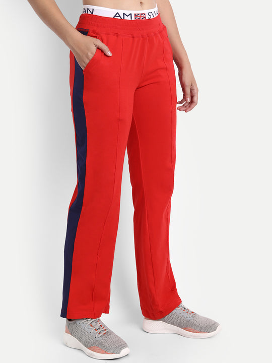 Womens Premium Red Cotton Lycra Smart Fit Printed Belt Track Pant