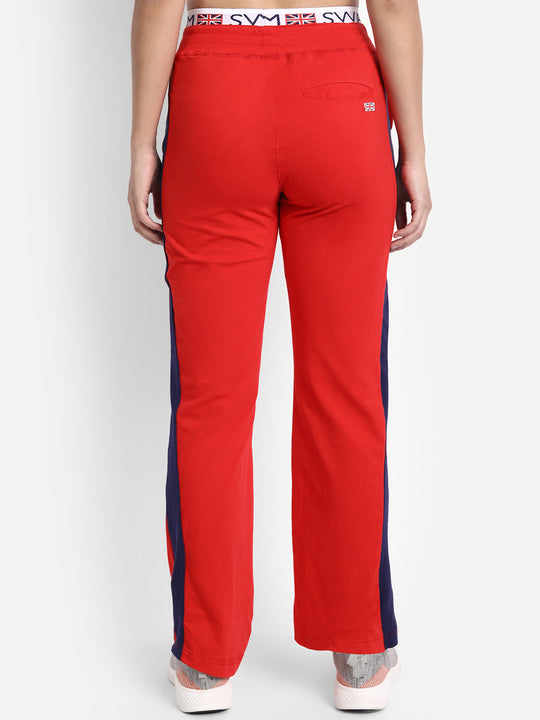 Womens Premium Red Cotton Lycra Smart Fit Printed Belt Track Pant