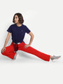 Womens Premium Red Cotton Lycra Smart Fit Printed Belt Track Pant