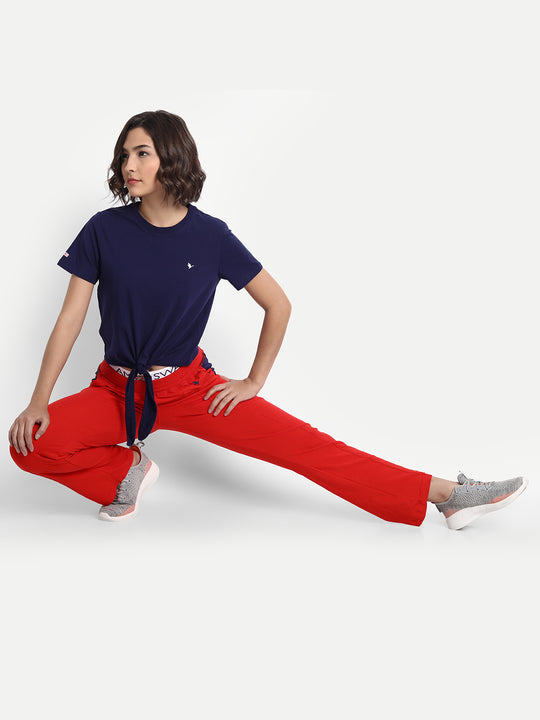 Womens Premium Red Cotton Lycra Smart Fit Printed Belt Track Pant