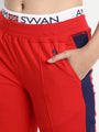 Womens Premium Red Cotton Lycra Smart Fit Printed Belt Track Pant