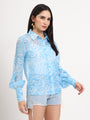 Women'S Premium Organza Blue And White Regular Length Straight Hem Digital Print Shirt