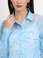 Women'S Premium Organza Blue And White Regular Length Straight Hem Digital Print Shirt