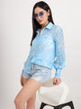 Women'S Premium Organza Blue And White Regular Length Straight Hem Digital Print Shirt