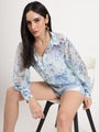 Women'S Premium Chiffon Blue And White Regular Length Straight Hem Digital Print Shirt