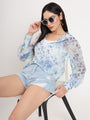 Women'S Premium Chiffon Blue And White Regular Length Straight Hem Digital Print Shirt