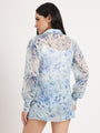 Women'S Premium Chiffon Blue And White Regular Length Straight Hem Digital Print Shirt