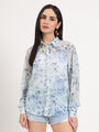 Women'S Premium Chiffon Blue And White Regular Length Straight Hem Digital Print Shirt