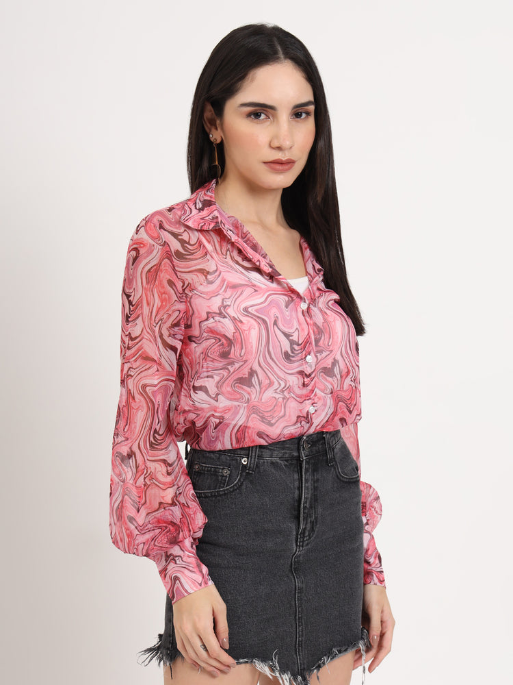 Women'S Premium Chiffon Multicolour Regular Length Straight Hem Digital Print Shirt