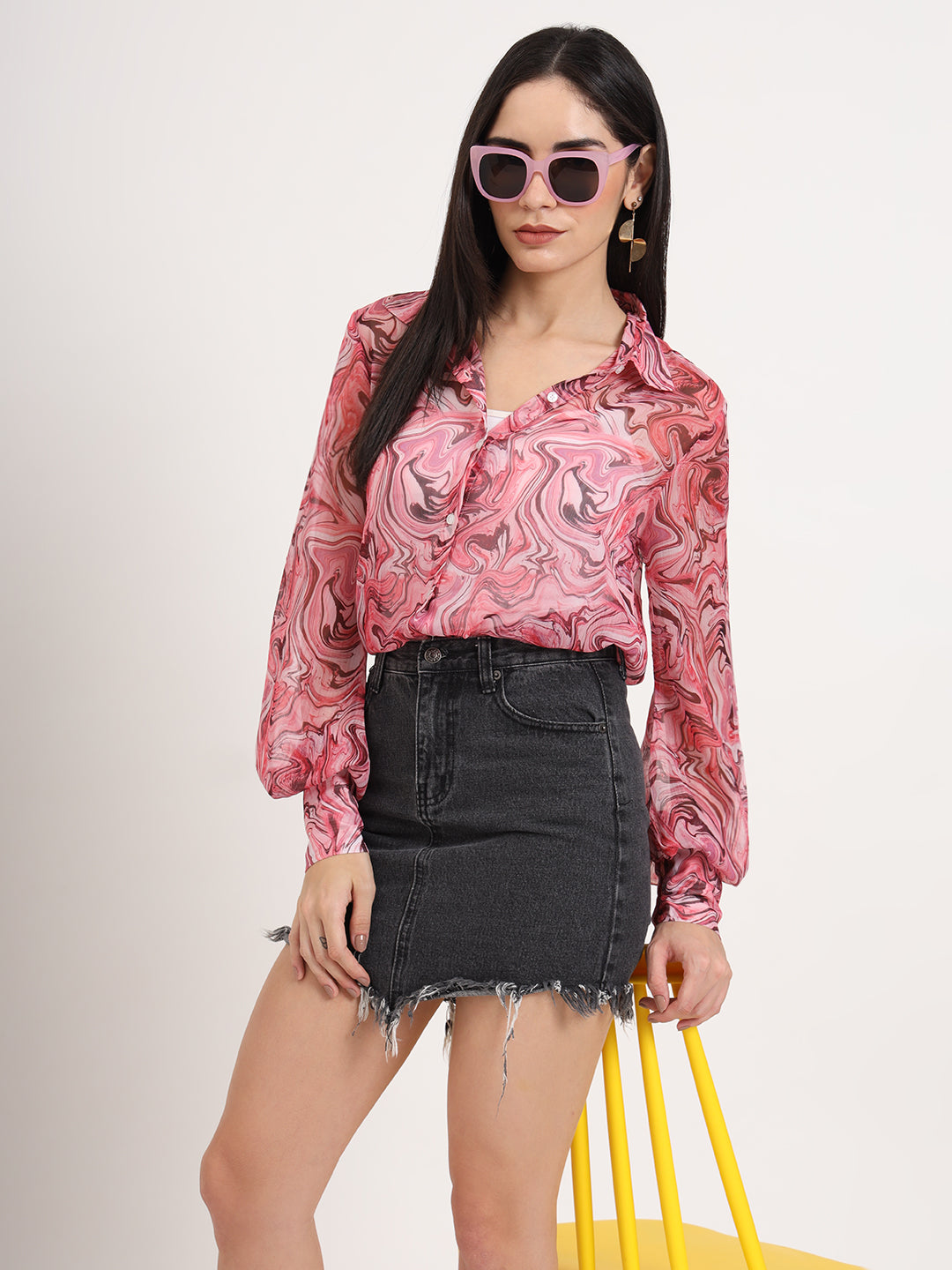Women'S Premium Chiffon Multicolour Regular Length Straight Hem Digital Print Shirt