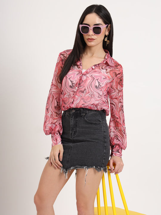 Women'S Premium Chiffon Multicolour Regular Length Straight Hem Digital Print Shirt