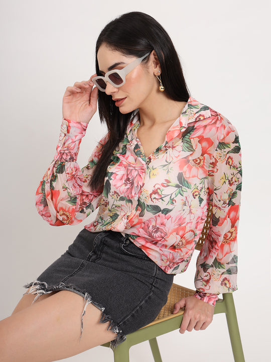 Women'S Premium Chiffon Multicolour Regular Length Straight Hem Digital Print Shirt
