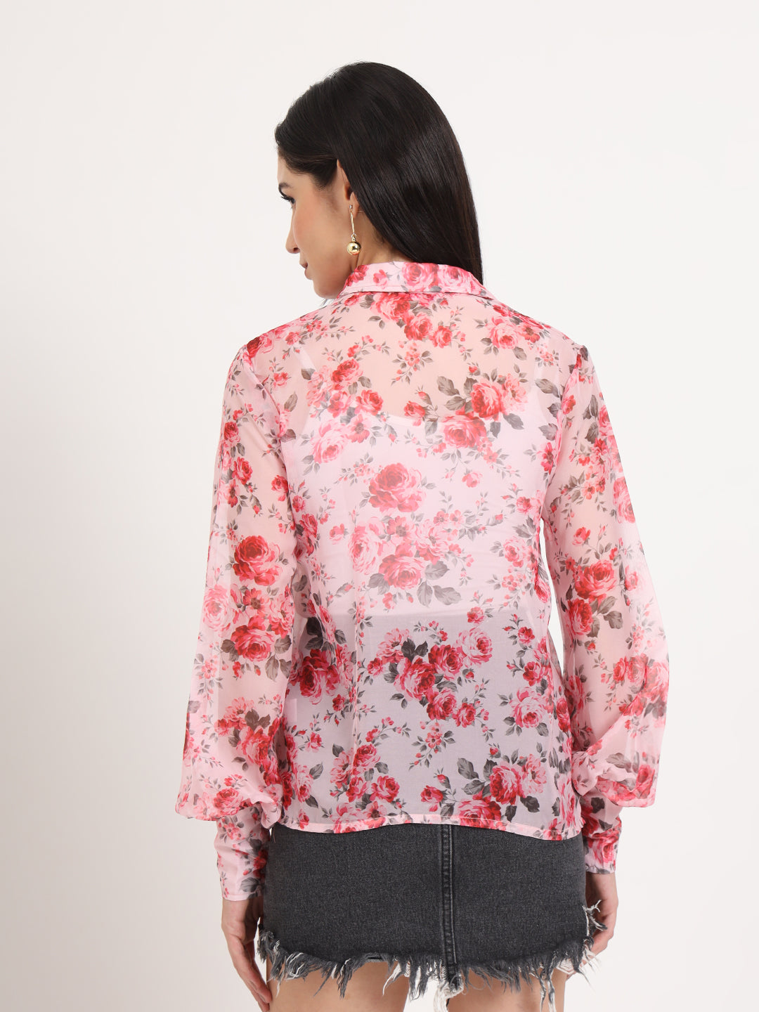 Women'S Premium Organza Pink And Green Regular Length Straight Hem Digital Print Shirt