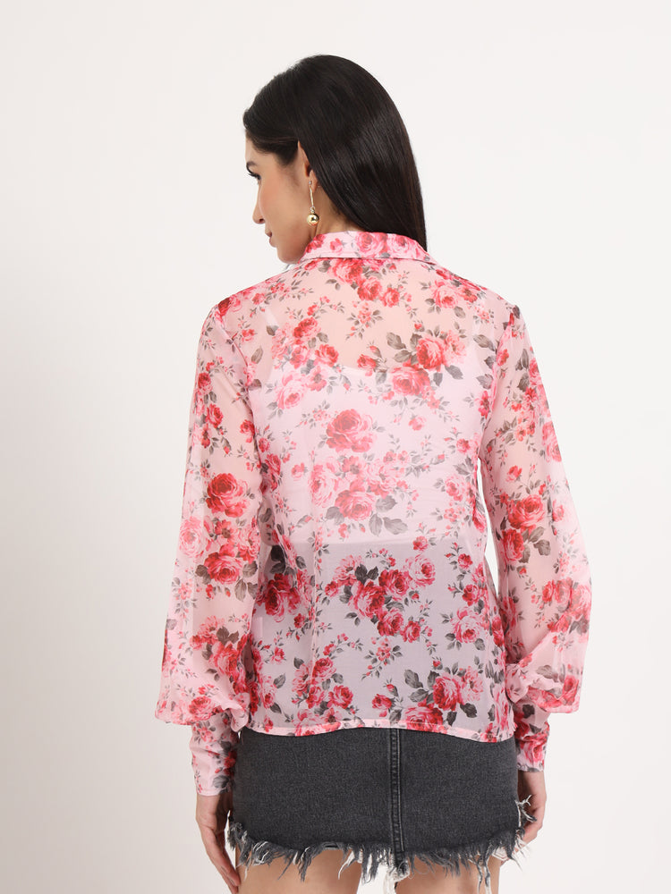 Women'S Premium Organza Pink And Green Regular Length Straight Hem Digital Print Shirt