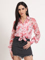 Women'S Premium Organza Pink And Green Regular Length Straight Hem Digital Print Shirt