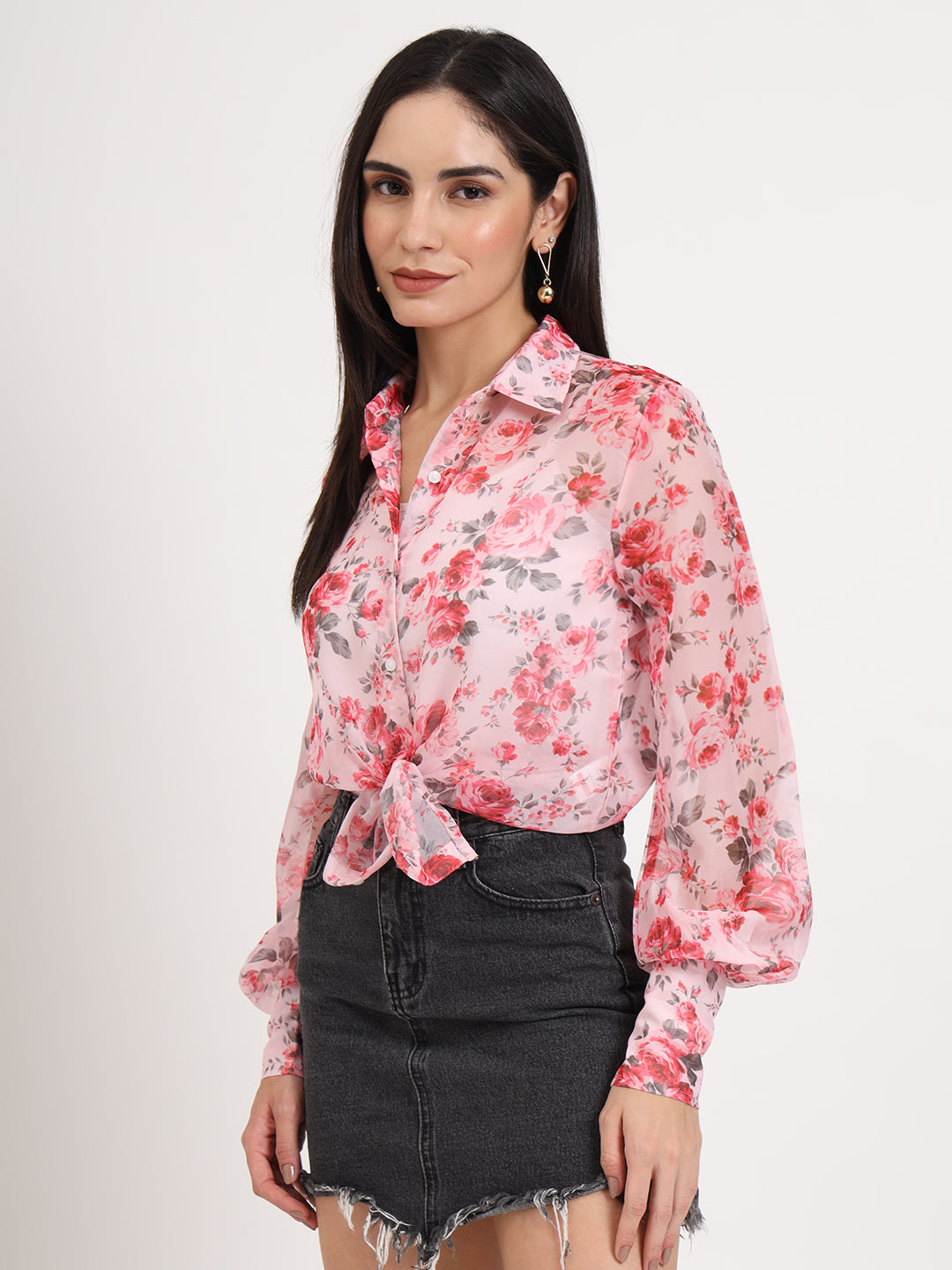 Women'S Premium Organza Pink And Green Regular Length Straight Hem Digital Print Shirt