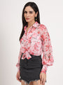 Women'S Premium Organza Pink And Green Regular Length Straight Hem Digital Print Shirt