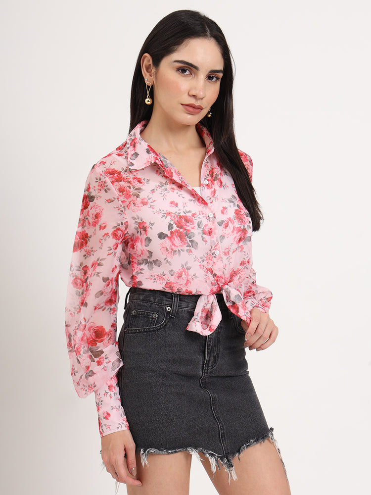 Women'S Premium Organza Pink And Green Regular Length Straight Hem Digital Print Shirt