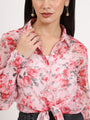 Women'S Premium Organza Pink And Green Regular Length Straight Hem Digital Print Shirt