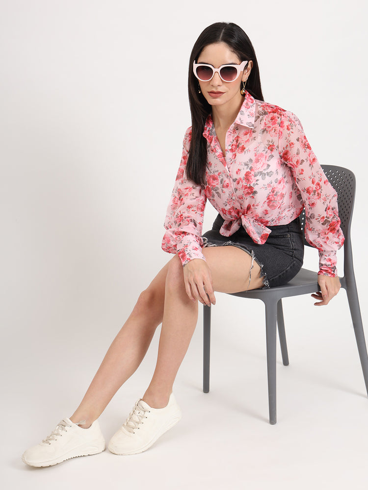 Women'S Premium Organza Pink And Green Regular Length Straight Hem Digital Print Shirt