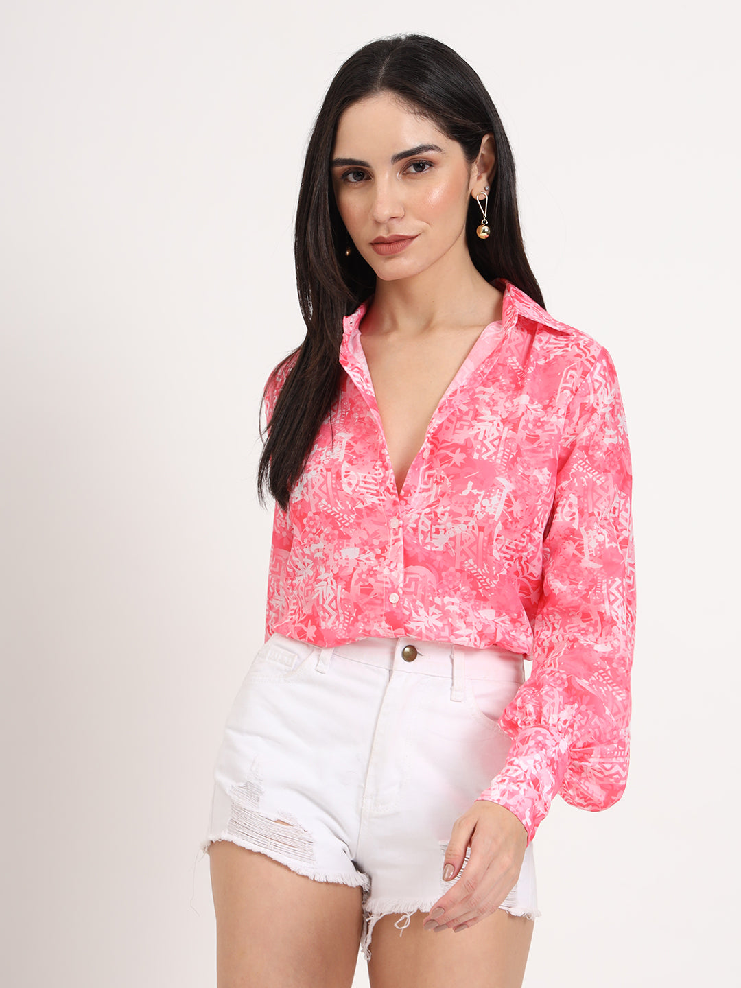 Women'S Premium Muslin Pink Regular Length Straight Hem Digital Print Shirt