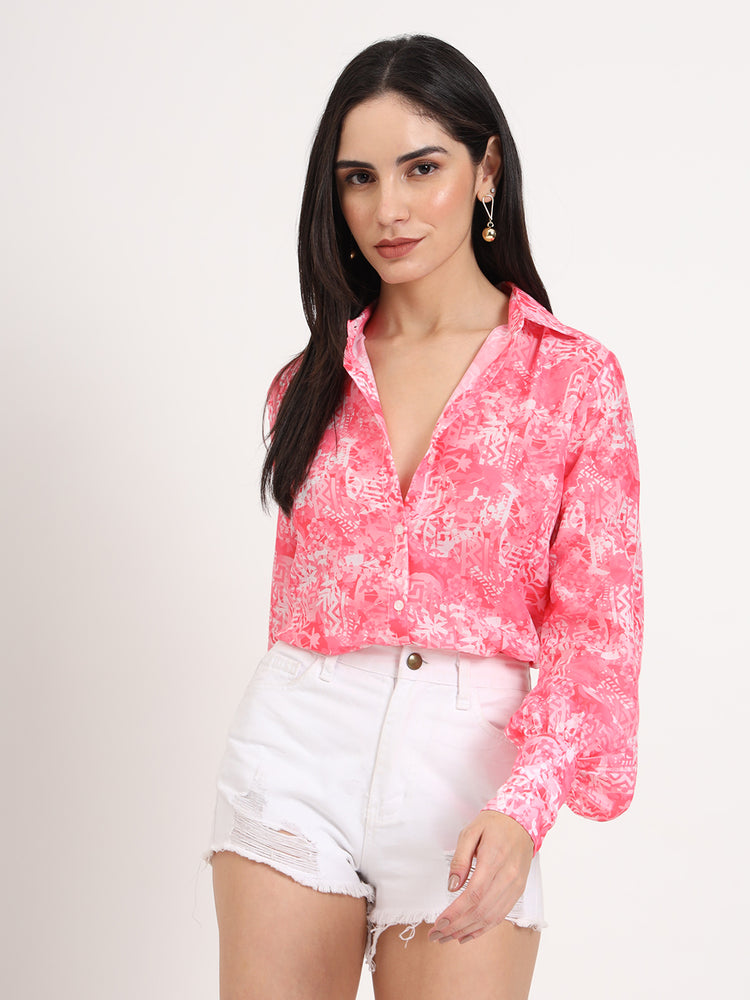 Women'S Premium Muslin Pink Regular Length Straight Hem Digital Print Shirt