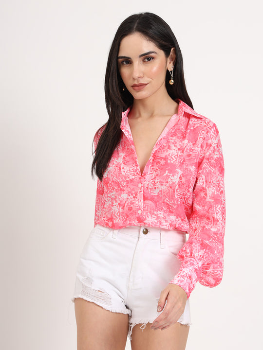 Women'S Premium Muslin Pink Regular Length Straight Hem Digital Print Shirt