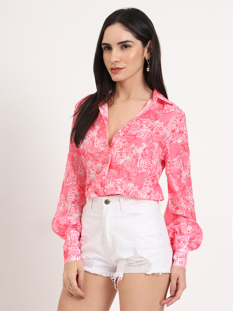 Women'S Premium Muslin Pink Regular Length Straight Hem Digital Print Shirt