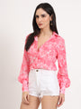 Women'S Premium Muslin Pink Regular Length Straight Hem Digital Print Shirt