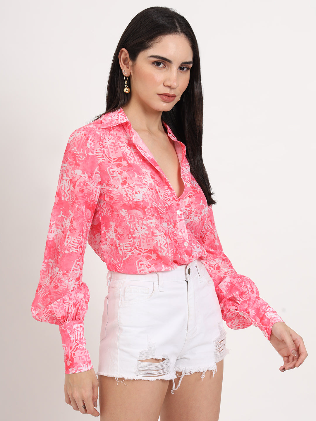 Women'S Premium Muslin Pink Regular Length Straight Hem Digital Print Shirt