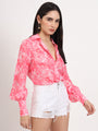 Women'S Premium Muslin Pink Regular Length Straight Hem Digital Print Shirt