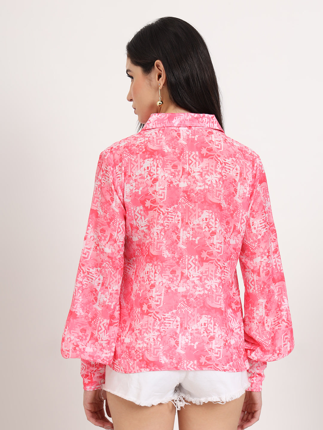 Women'S Premium Muslin Pink Regular Length Straight Hem Digital Print Shirt