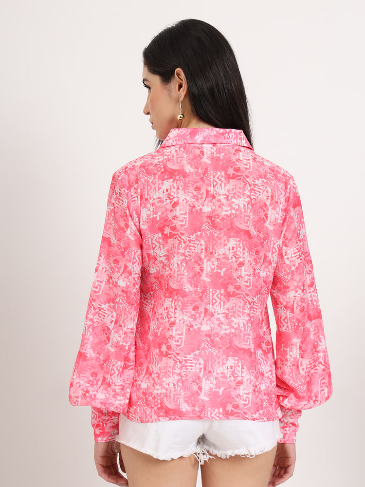 Women'S Premium Muslin Pink Regular Length Straight Hem Digital Print Shirt