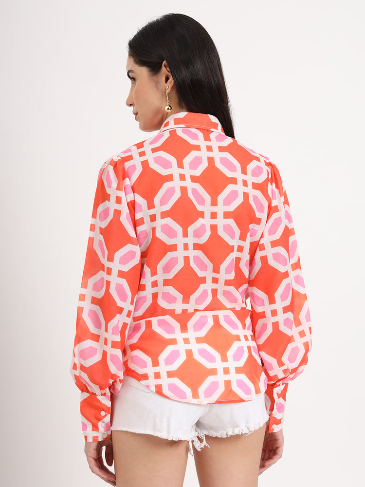 Women'S Luxury Cambric Multicolour Regular Length Straight Hem Digital Print Shirt