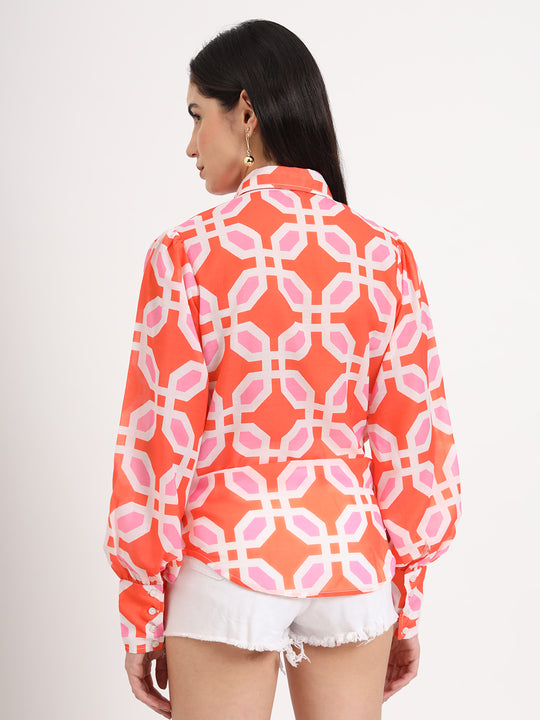 Women'S Luxury Cambric Multicolour Regular Length Straight Hem Digital Print Shirt