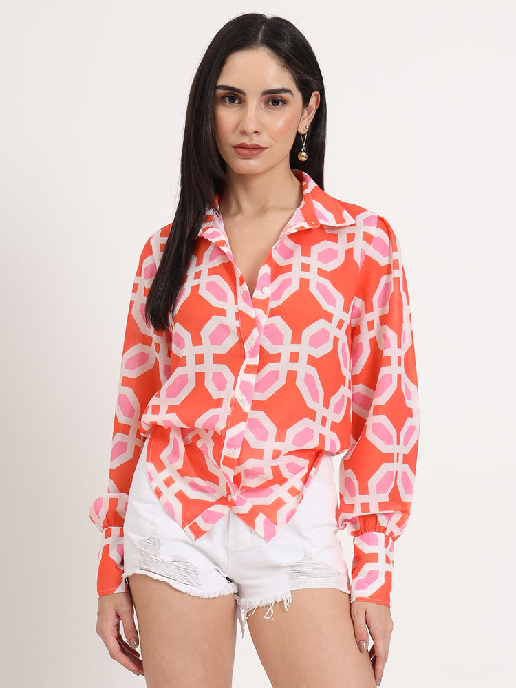 Women'S Luxury Cambric Multicolour Regular Length Straight Hem Digital Print Shirt