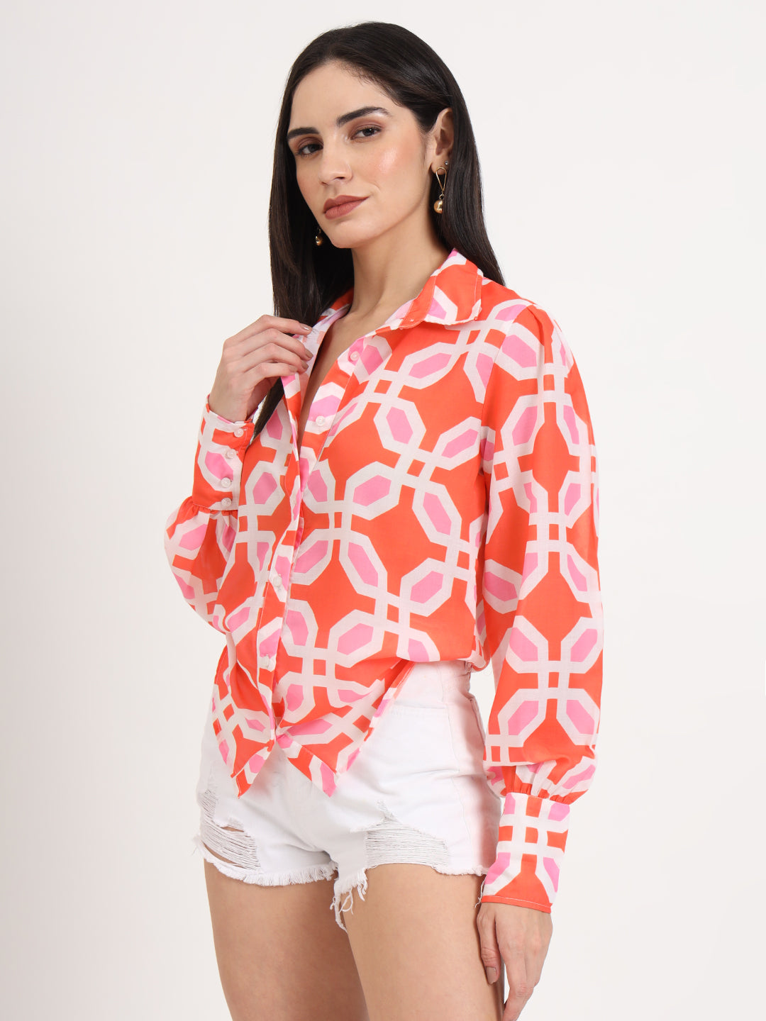 Women'S Luxury Cambric Multicolour Regular Length Straight Hem Digital Print Shirt