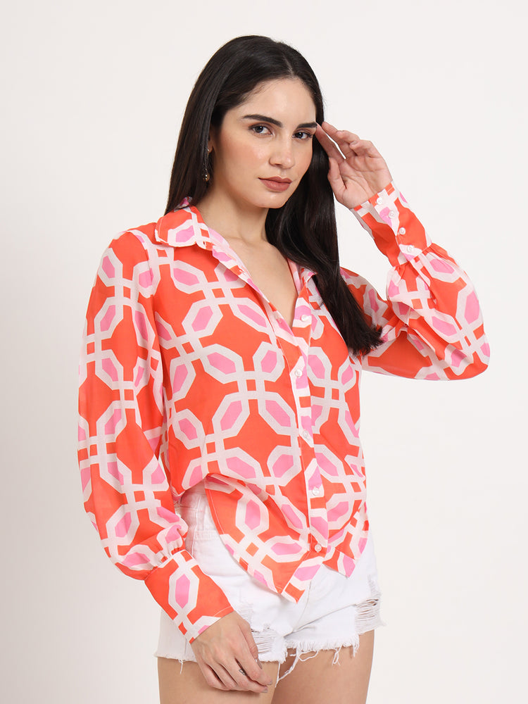 Women'S Luxury Cambric Multicolour Regular Length Straight Hem Digital Print Shirt