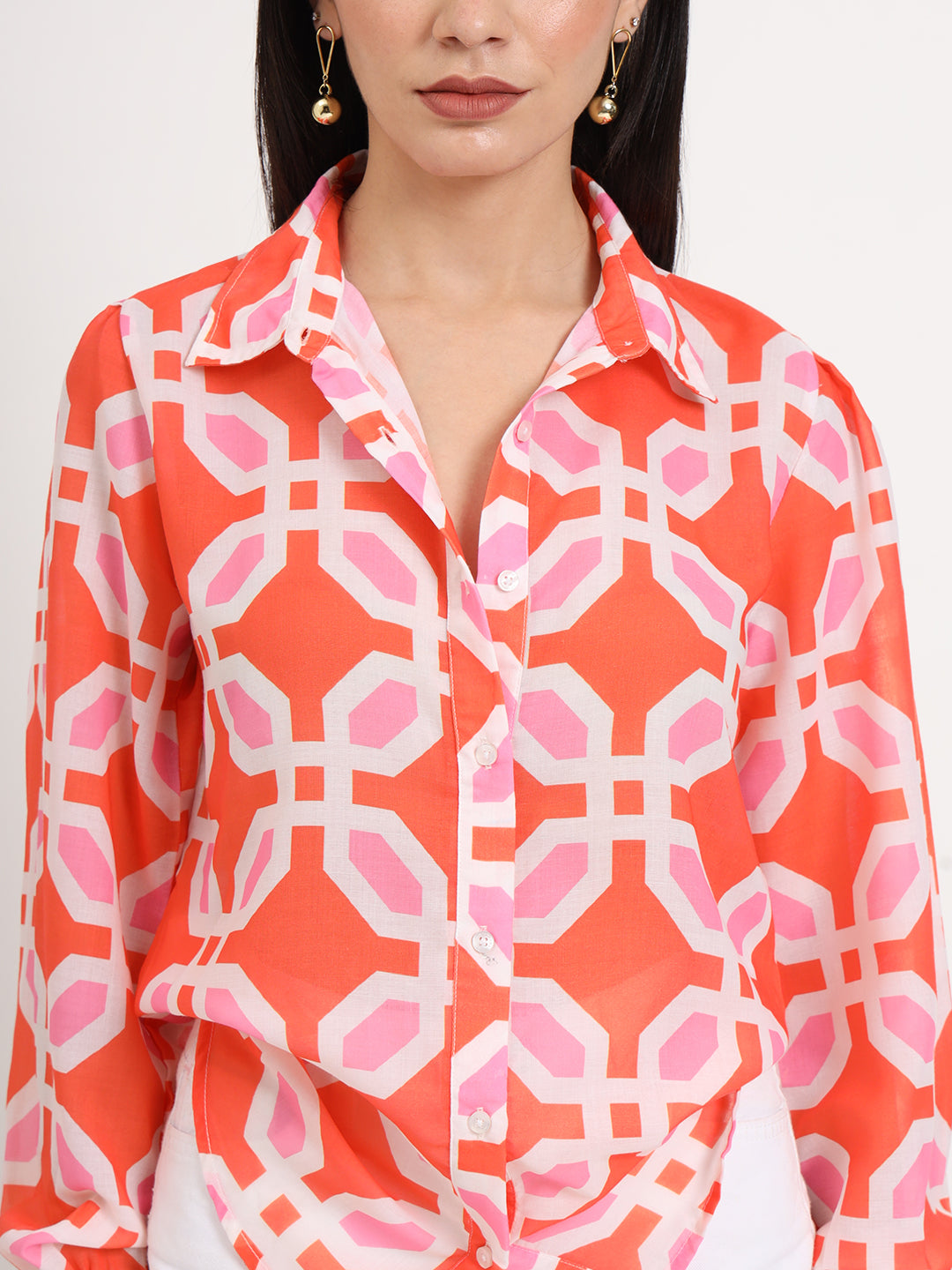 Women'S Luxury Cambric Multicolour Regular Length Straight Hem Digital Print Shirt