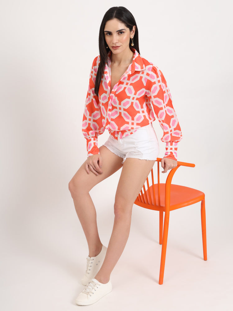 Women'S Luxury Cambric Multicolour Regular Length Straight Hem Digital Print Shirt