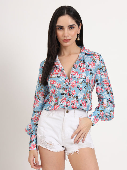 Women'S Luxury Satin Multicolour Regular Length Straight Hem Digital Print Shirt