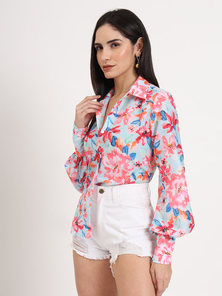 Women'S Premium Muslin Multicolour Regular Length Straight Hem Digital Print Shirt